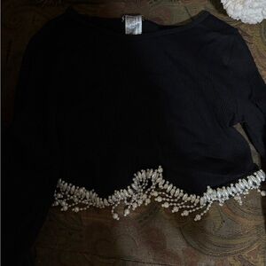 Zara Black Crop Top with Pearl Detailing